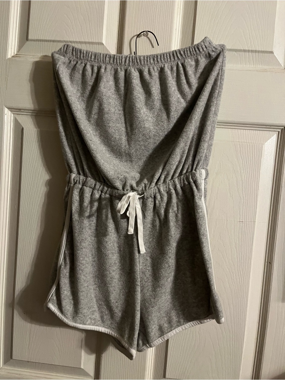 Women’s Gray Strapless Terry Romper with Drawstring